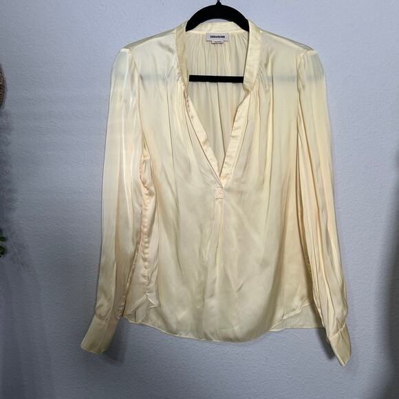 Zadig & Voltaire Tink Satin Blouse In Butter Yellow Sz Md V-Neck ASO Ted Lasso - Picture 3 of 7